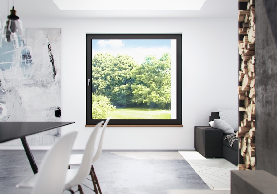 Blick auf ein Fenster aus Aluminium in einer Wohnung.