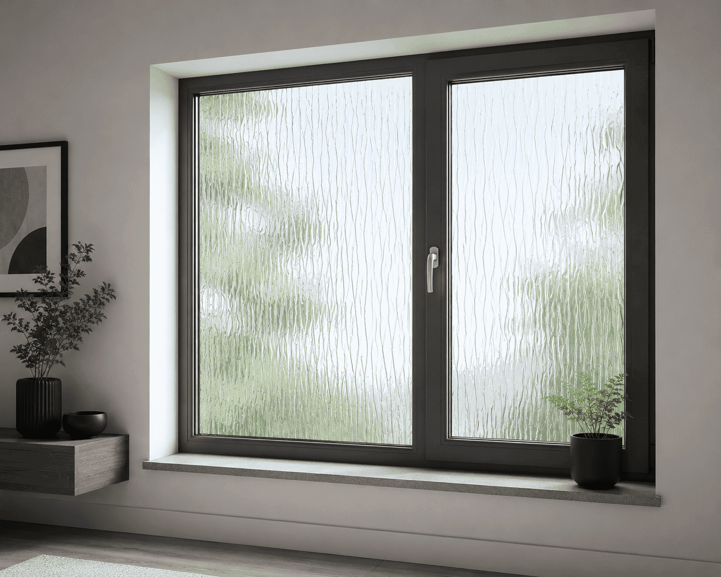 Die Abbildung zeigt ein modernes Fenster mit Ornamentglas, durch das Licht fällt, während der Blick nach außen diffus bleibt.