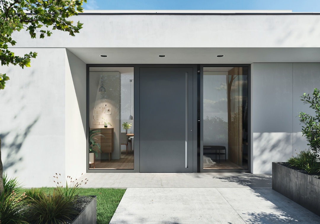Weißes Wohnhaus mit schwarzen Aluminiumhaustüren